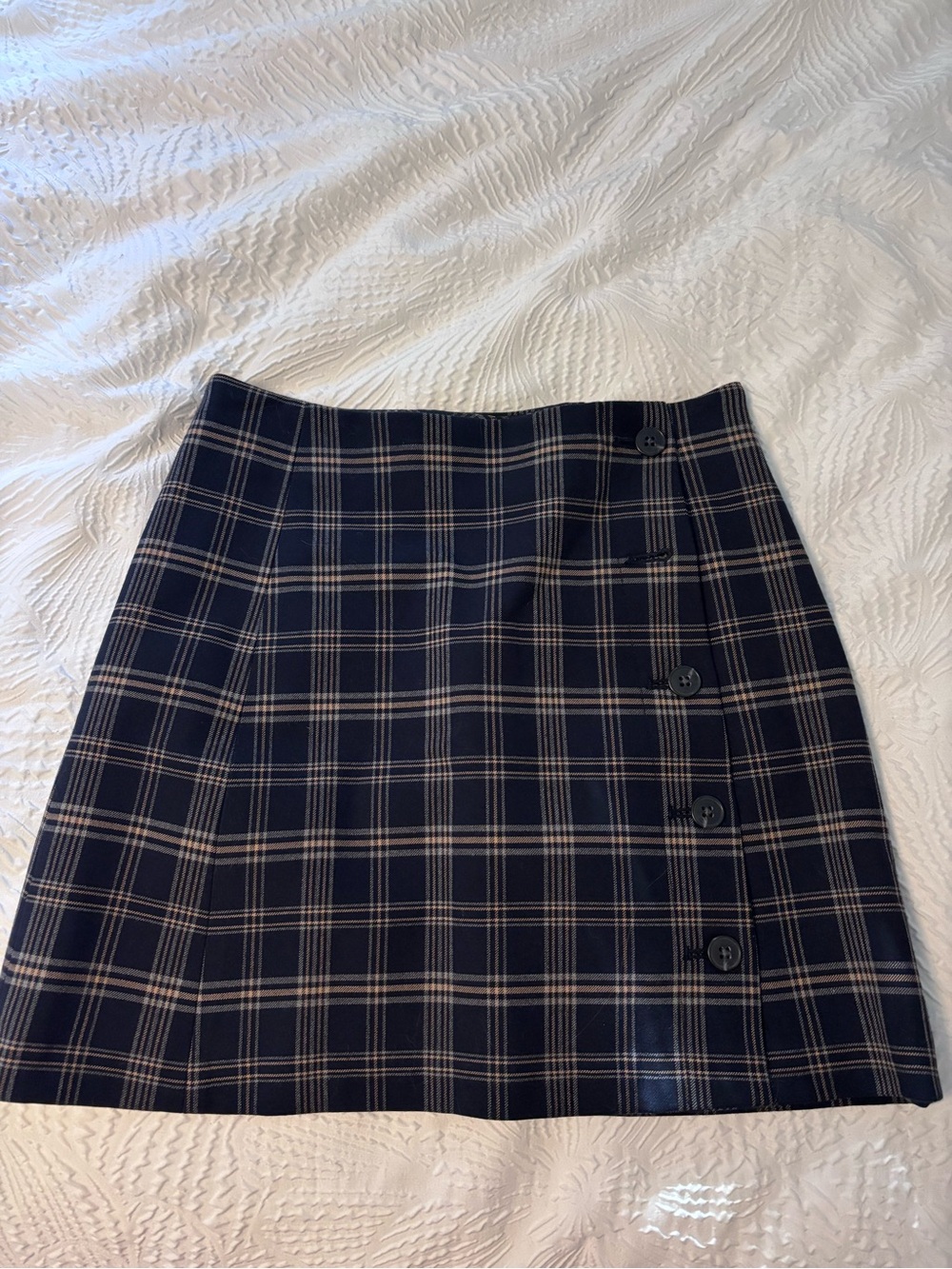 Sunday Best Navy and Cream Plaid Side-Button Mini Skirt